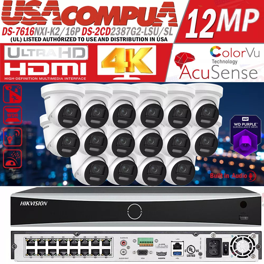 Hikvision 4K 16CH IP Security Camera System Kit 2-Way Audio ColorVu 8MP Lot D3