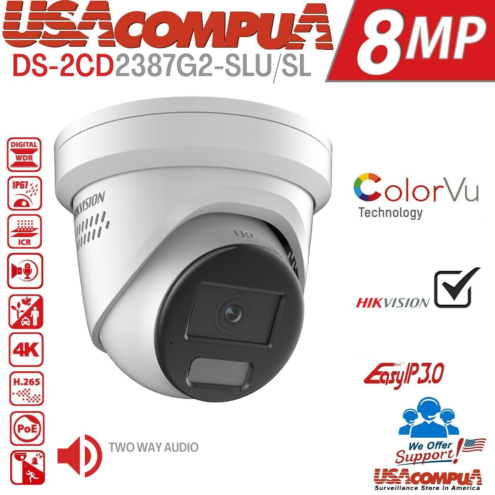 HIKVISION DS-2CD2387G2-LSU/SL 8MP ColorVu + AcuSense Two Way Audio Poe Camera