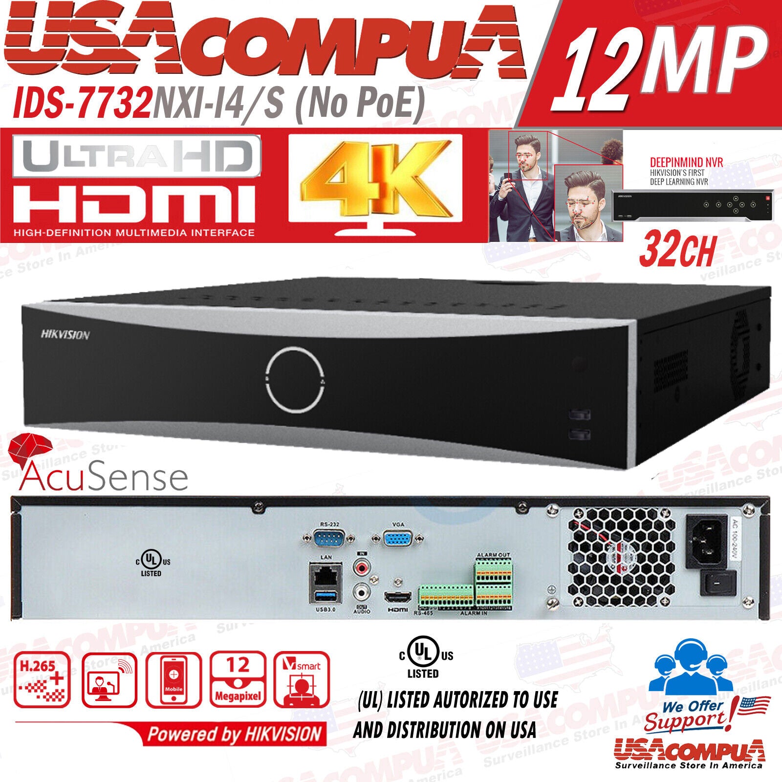 Hikvision DS-7732NXI-I4/S 32CH no-PoE 4SATA AcuSense 4K NVR 4-ch Deep-Learning