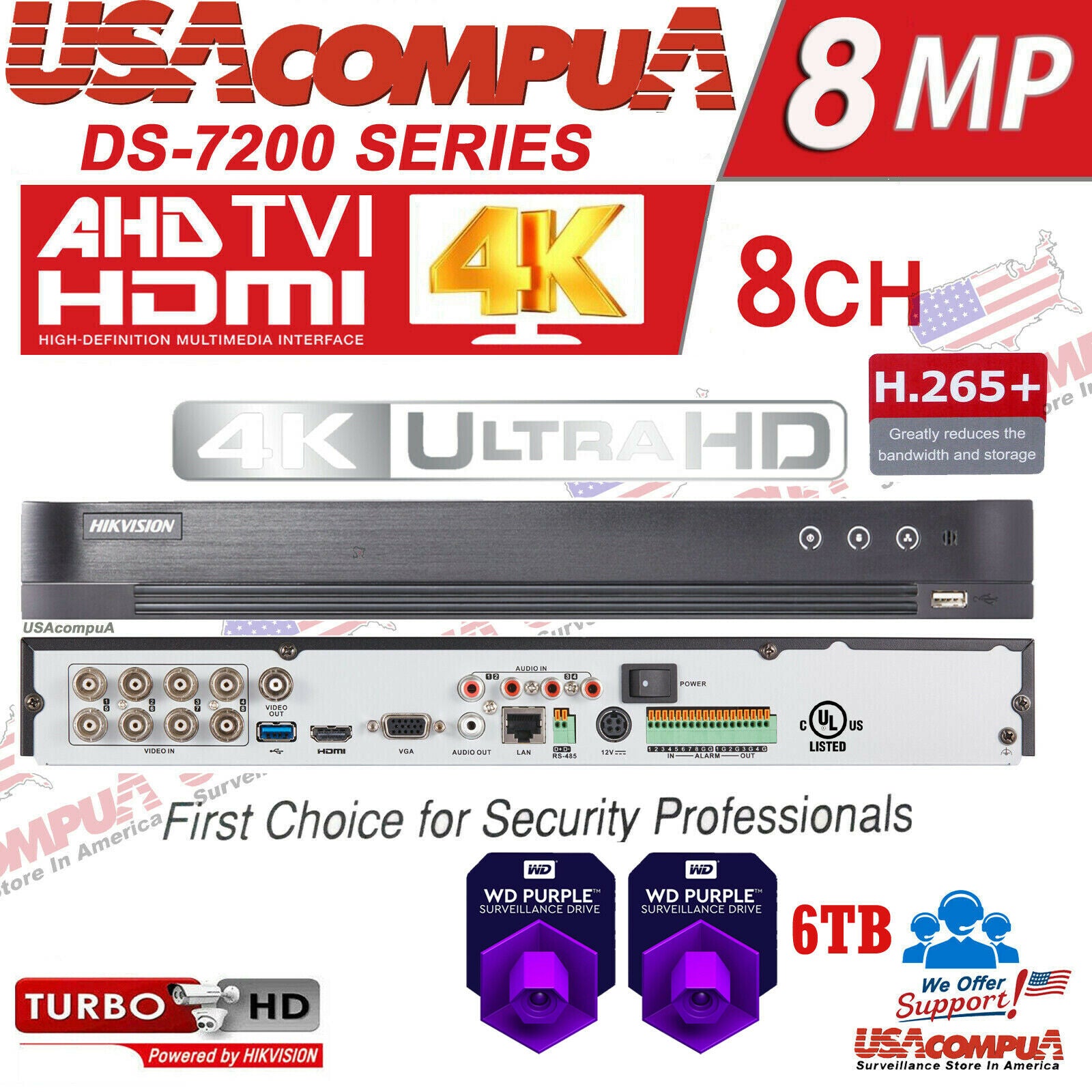 DS-7208HUHI-K1 HIKVISION 8 CHANNEL 8CH DVR 8MP HDD WD PURPLE 4KH.265