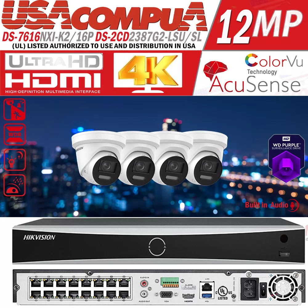 Hikvision 4K 16CH IP Security Camera System Kit 2-Way Audio ColorVu 8MP Lot D2