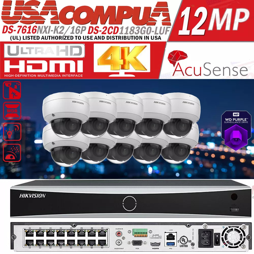 Hikvision 12MP NVR 16CH IP Camera system DS-2CD1183G0-IUF 2 AXIS 8MP W/Audio Lo