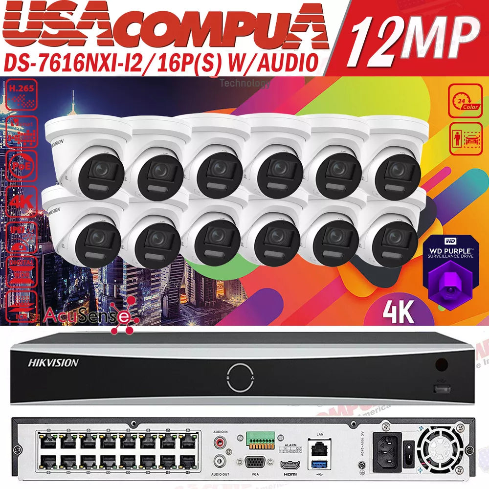 Hikvision 16 canales 4K DS-2CD2387G2-LU Sistema de cámara de seguridad ColorVu AcuSense D1