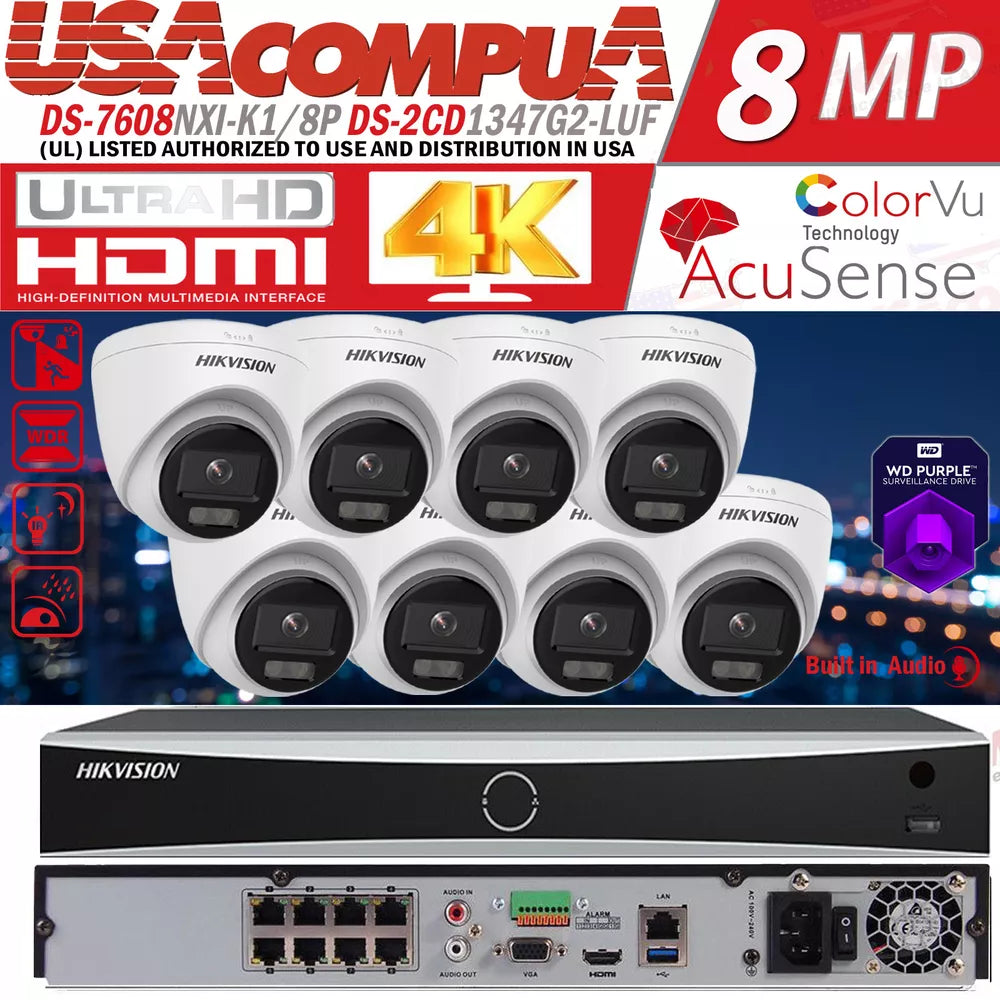 HIKVISION 4K DS-2CD1347G2-LUF 4MP IP Camera System NVR 8CH DS-7608NXI-K1/8P Lot