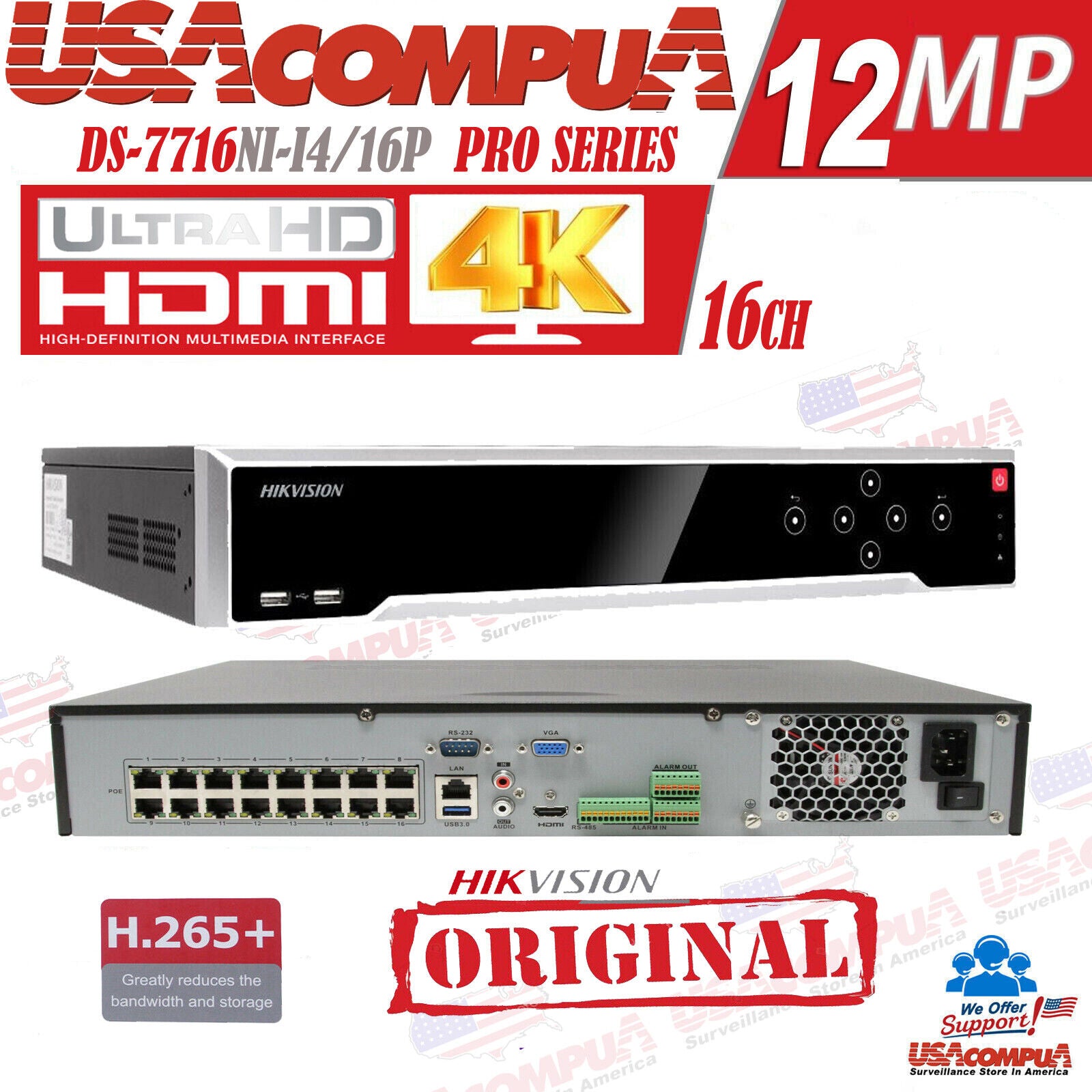 Hikvision DS-7716NI-I4/16P 16 Channel PoE 4K NVR 12MP Recorder 40TB HDMI Dual Output
