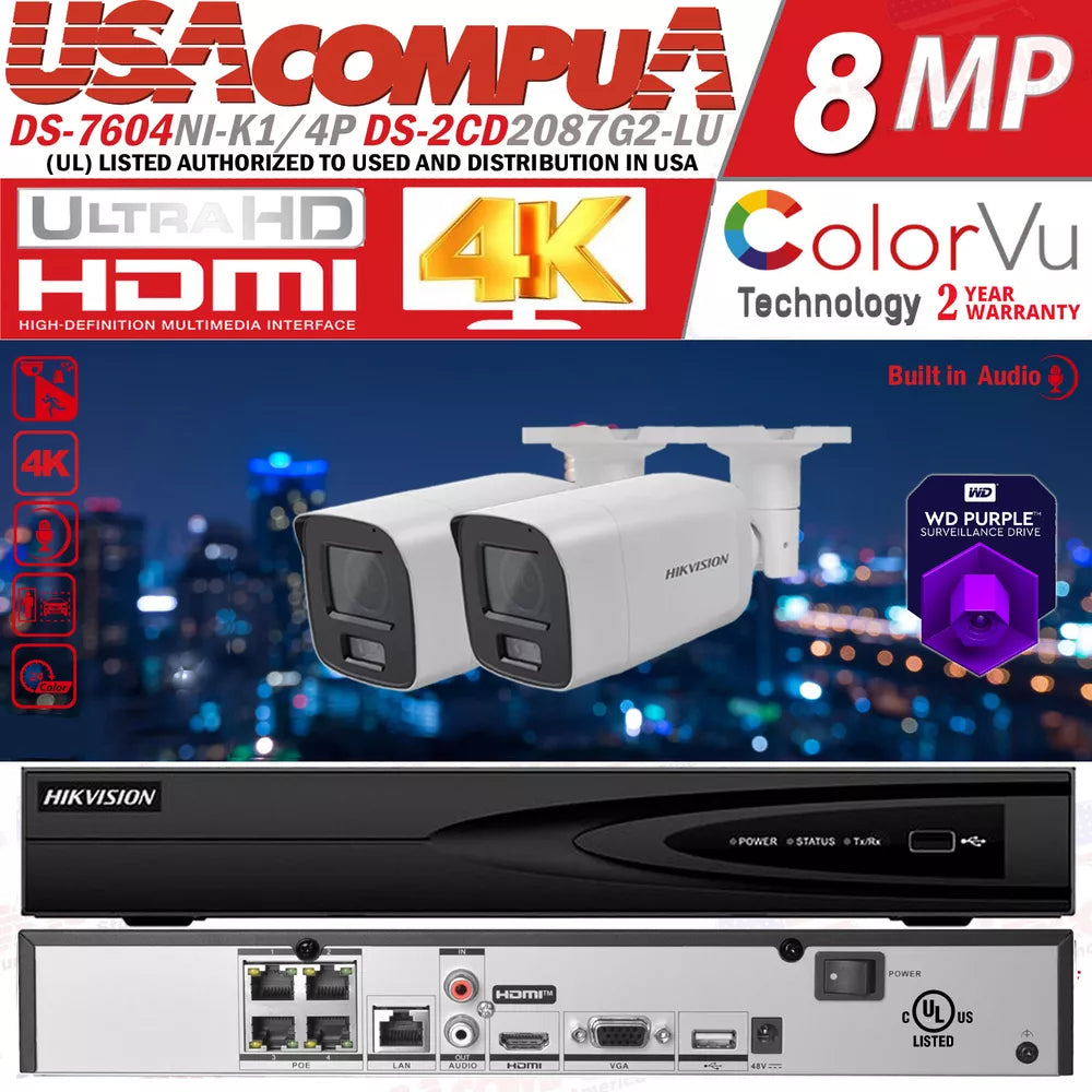 Hikvision 4CH 4PoE Mic ColorVu 8MP Security Camera System IP ACUSENSE Lo