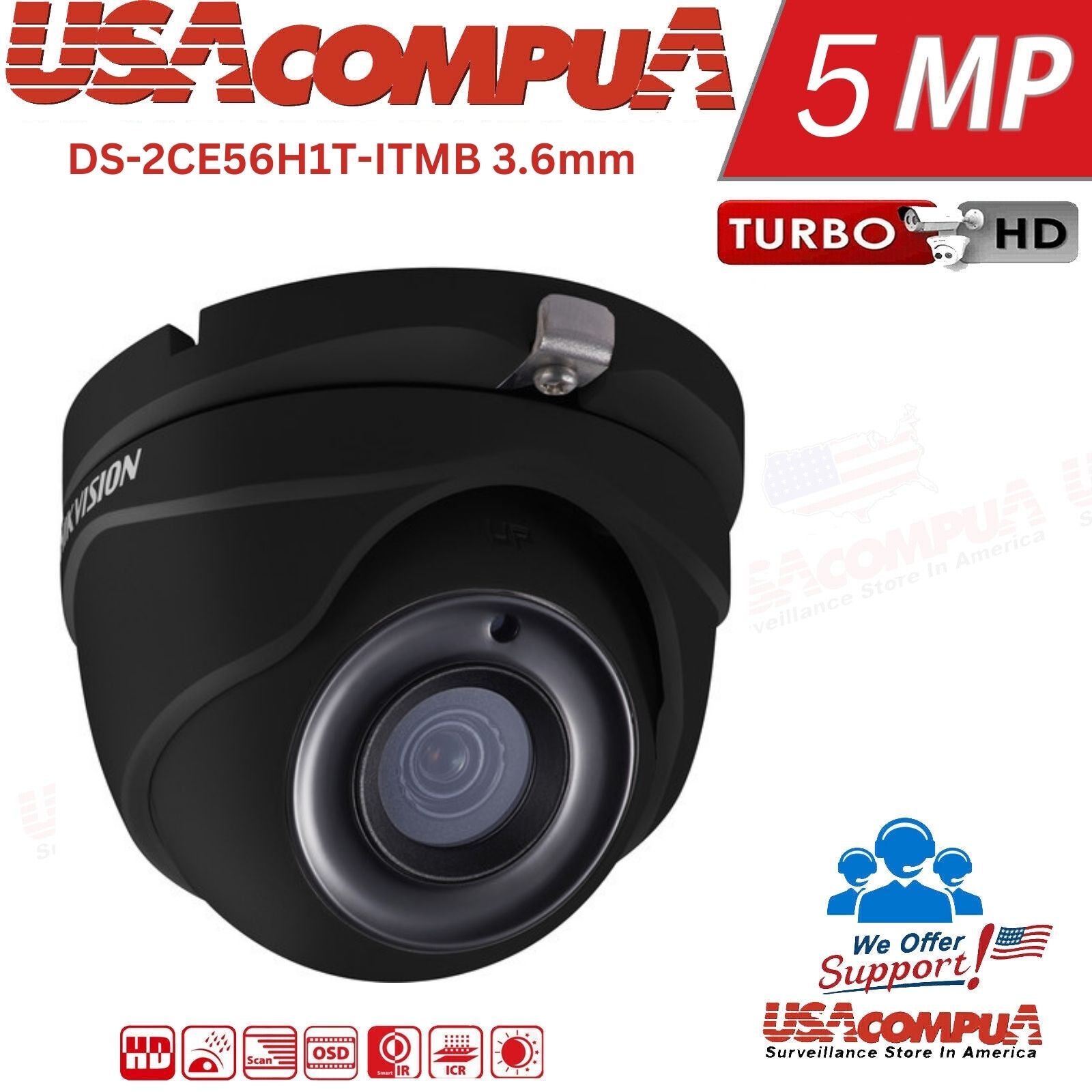 HIKVISION 5MP MINI DOME TURRET CAMERA DS-2CE56H1T-ITMB 3.6mm HD-TVI Outdoor