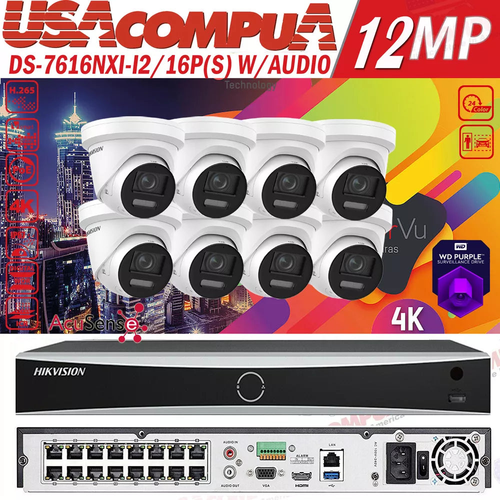 Hikvision 16 canales 4K DS-2CD2387G2-LU Sistema de cámara de seguridad ColorVu AcuSense D1