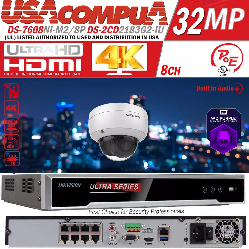 Hikvision 8CH 32MP Security ip Camera System W/ 8MP Dome DS-2CD2183G2-IU