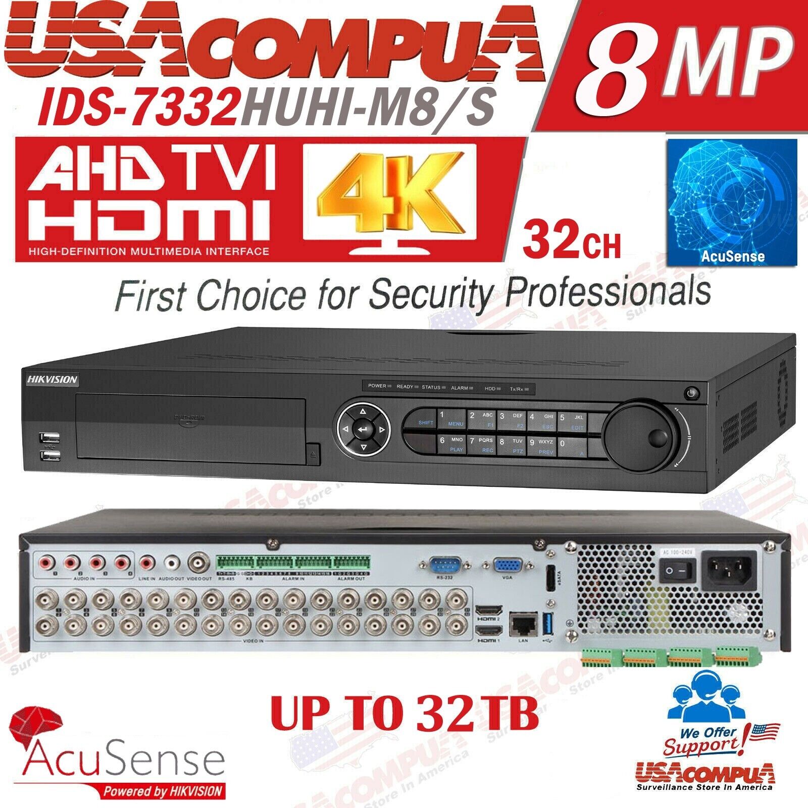 Hikvision iDS-7332HUHI-M4/S 32-Channel AcuSense DVR with 4 SATA and 4K HDMI