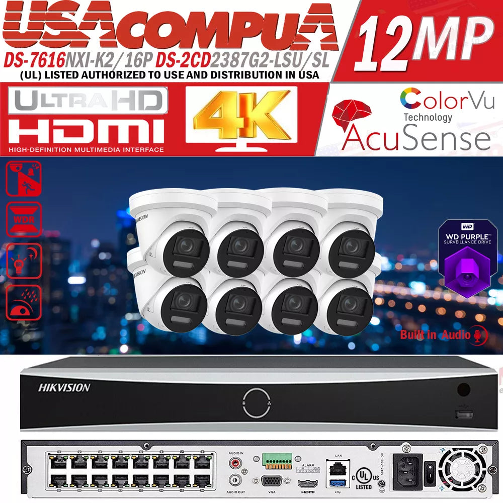 Hikvision 4K 16CH Security CCTV System Kit 8MP Built In Audio ColorVu IP Camera D1