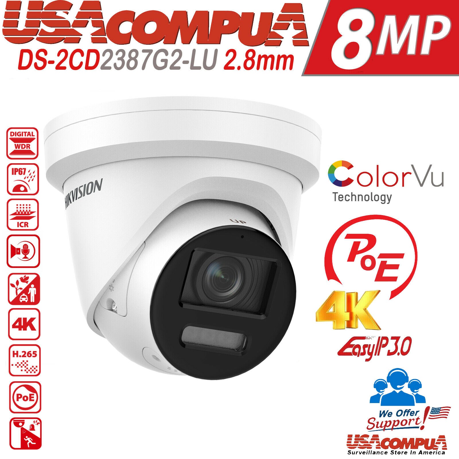 DS-2CD2387G2-LU Hikvision 8MP PoE 4K ColorVu AcuSense IP camera MIC HD