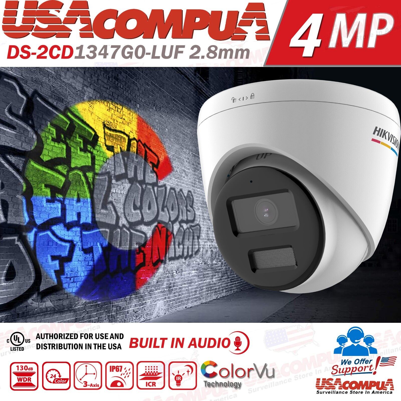 Hikvision 4MP PoE Original DS-2CD1347G0-LUF IP Camera ColorVu