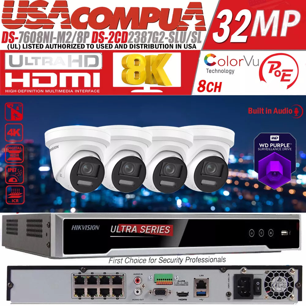 Hikvision 8 Channel 8K Ultra ColorVu Security Camera System 2-Way Audio 2.8m LoT D1