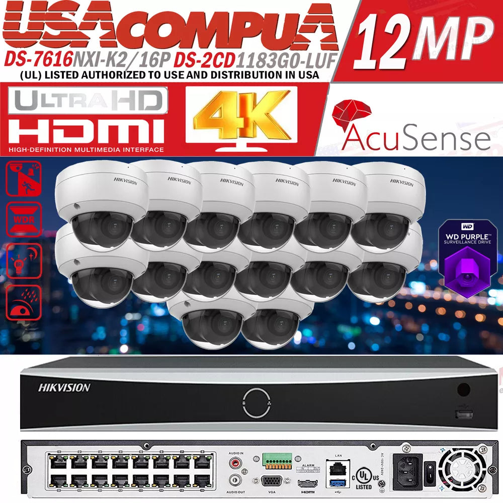 Hikvision 12MP NVR 16CH IP Camera system DS-2CD1183G0-IUF 2 AXIS 8MP W/Audio Lo