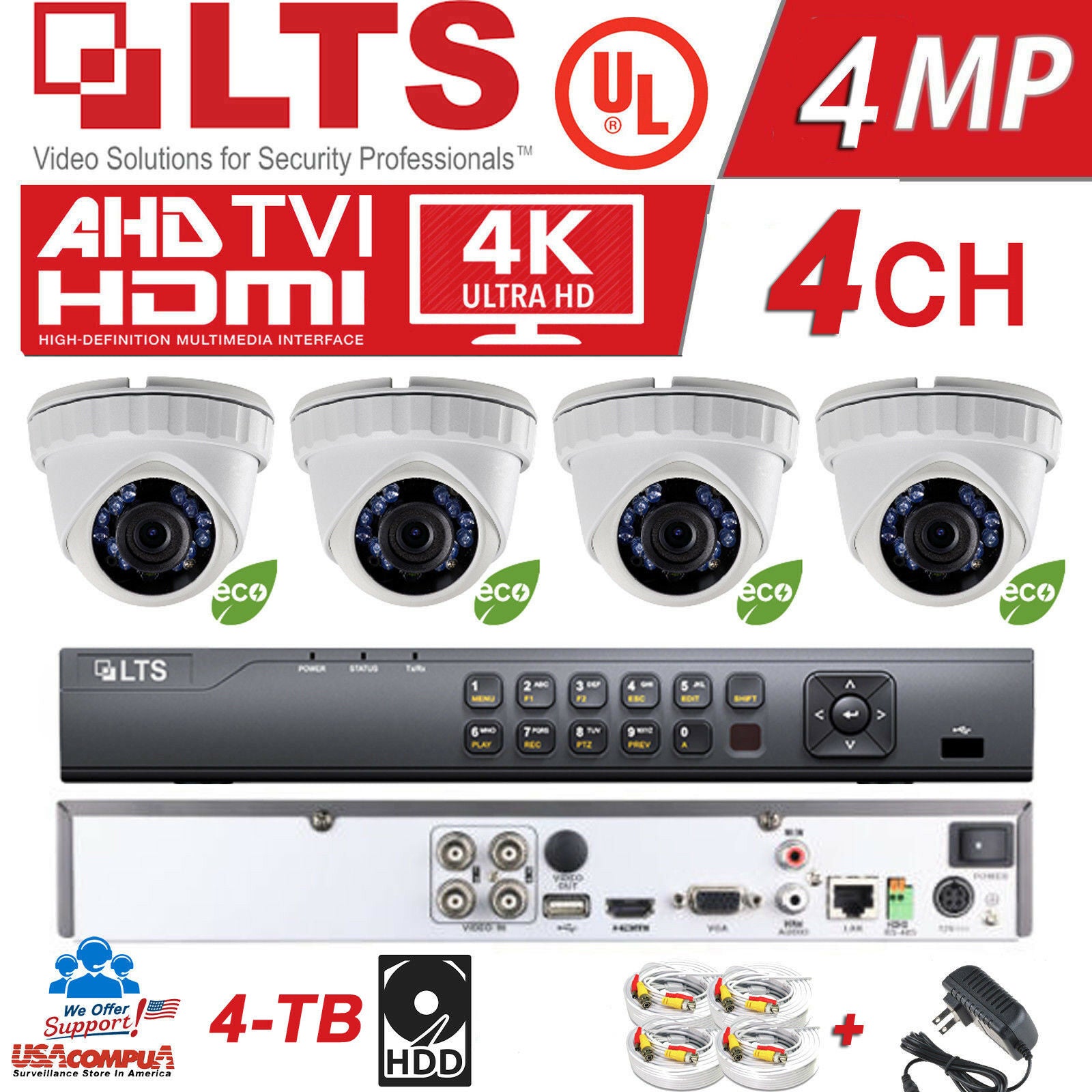 LTS Security System 4 Cameras KIT H.265 1080P W/ Turret /4TB HARD DISK