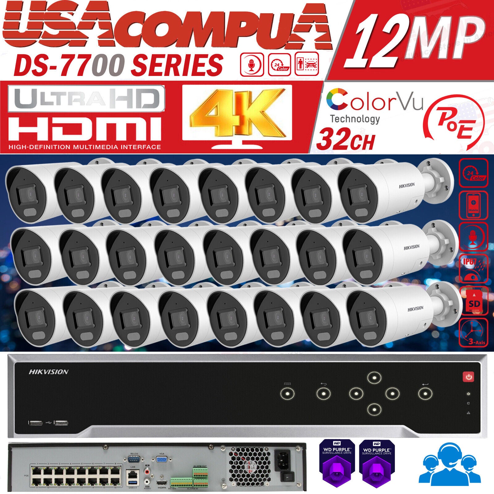 HIKVISION 4K 12MP 32CH SECURITY CAMERA CCTV 16PoE BULLET FULL COLOR 4MP