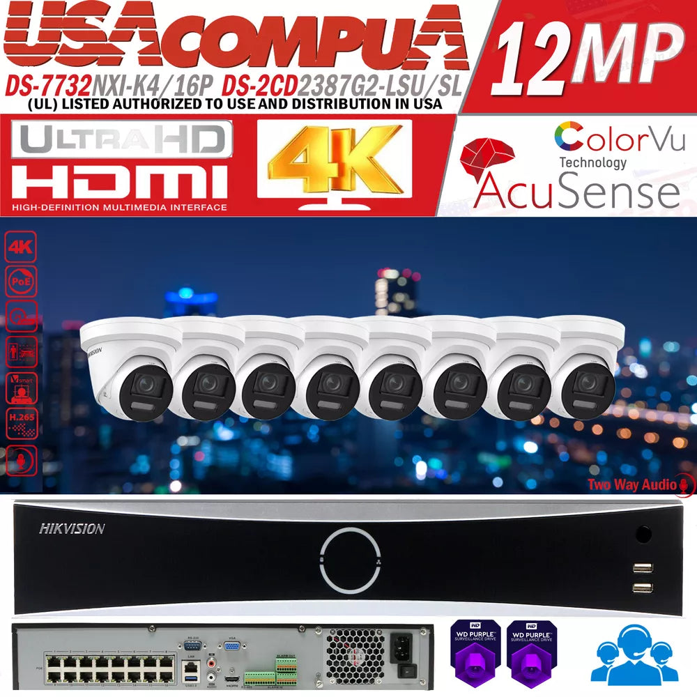 Hikvision 32Ch 16Poe Nvr 8Mp Ds-2Cd2387G2-Lsu/Sl Ip Camera System Colorvu Lot