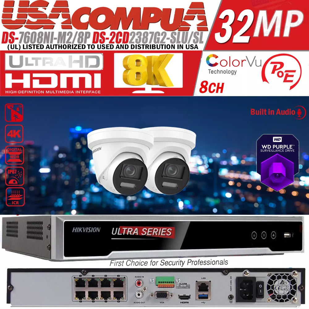 Hikvision 8 Channel 8K Ultra ColorVu Security Camera System 2-Way Audio 2.8m Lo