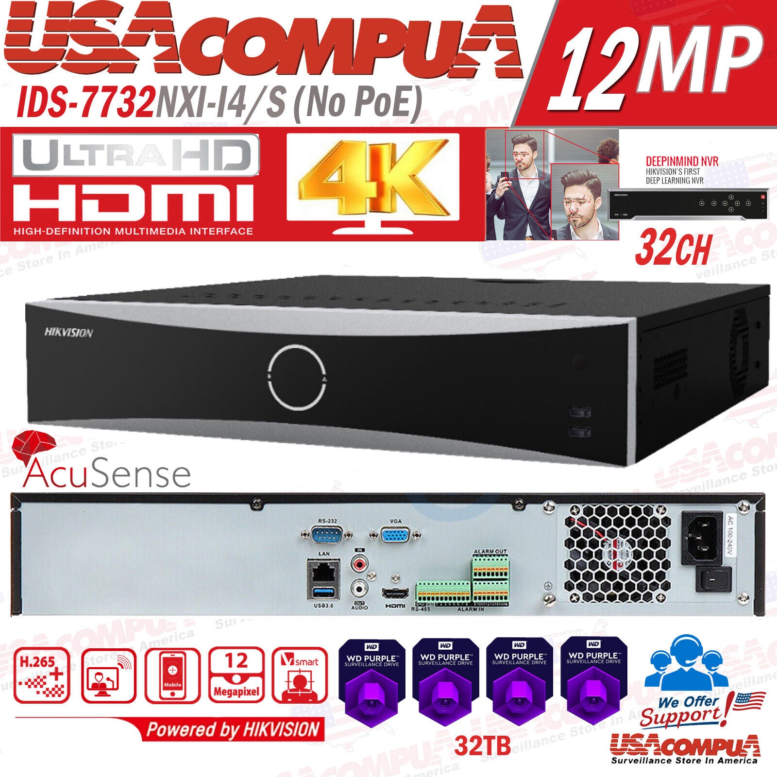Hikvision DS-7732NXI-I4/S 32CH no-PoE 4SATA AcuSense 4K NVR 4-ch Deep-Learning