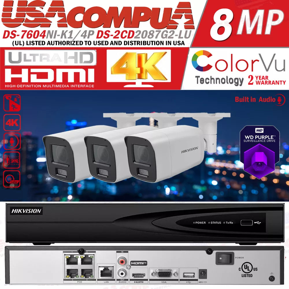 Hikvision 4CH 4PoE Mic ColorVu 8MP Security Camera System IP ACUSENSE Lo