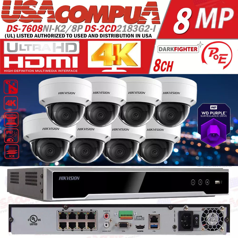 Hikvision 4K IP Camera System NVR DS-7608NI-K2/8P 8MP Kits DS-2CD2183G2-I Lot