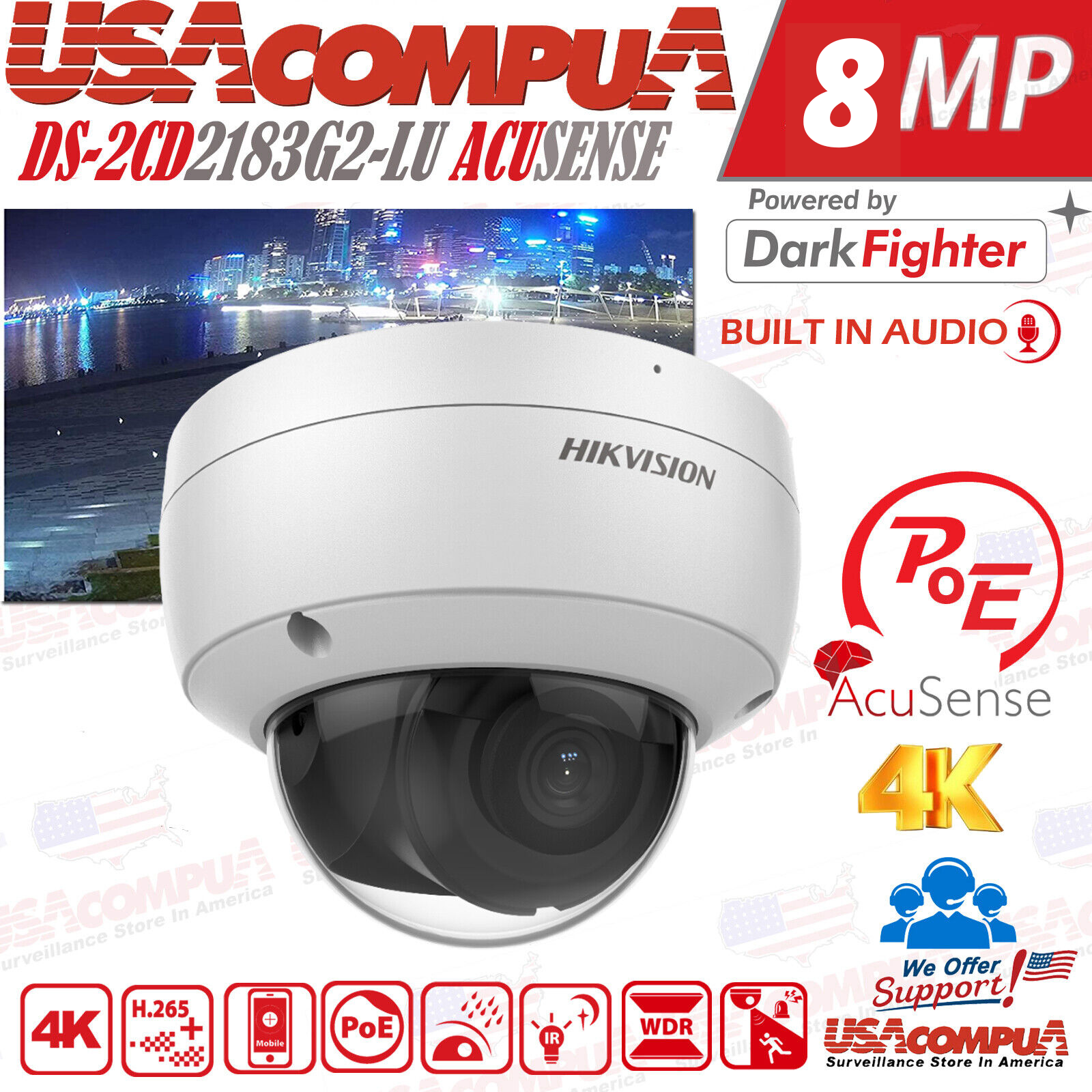 Hik Original  DS-2CD2183G2-IU 8MP AcuSense Dome IP Camera PoE Mic 2.8mm h265+
