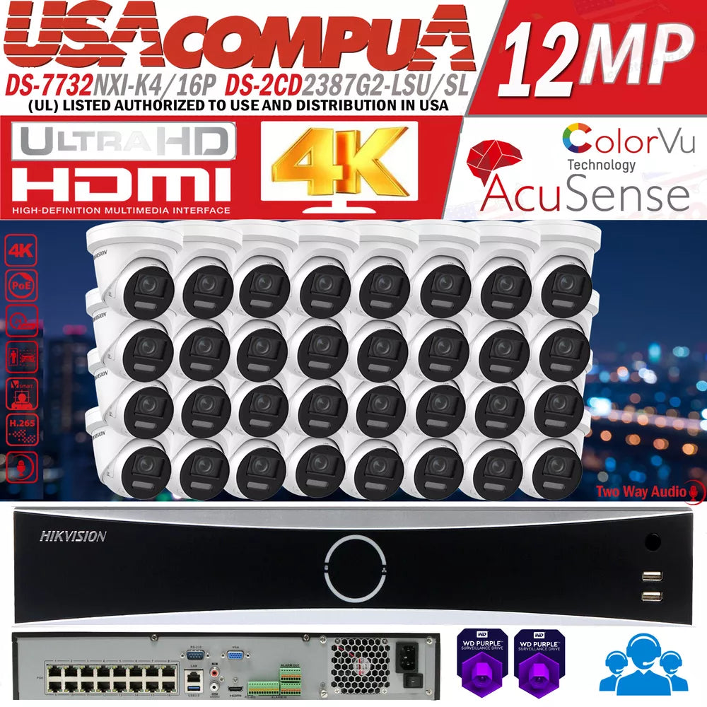 Hikvision 32Ch 16Poe Nvr 8Mp Ds-2Cd2387G2-Lsu/Sl Ip Camera System Colorvu Lot