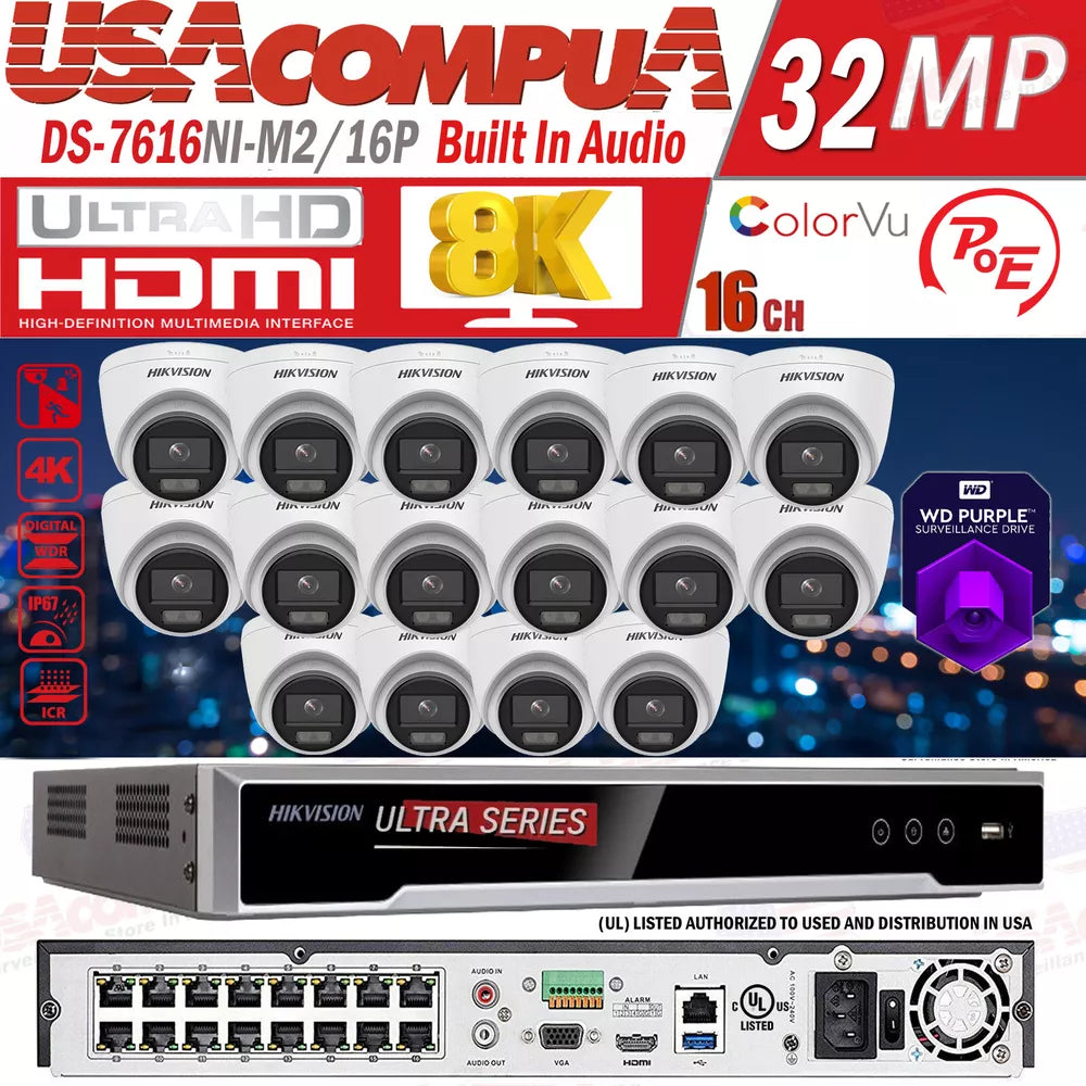 Hikvision 8K 32MP NVR 16CH CCTV Camera System DS-2CD1347G2-LUF 4MP Lot