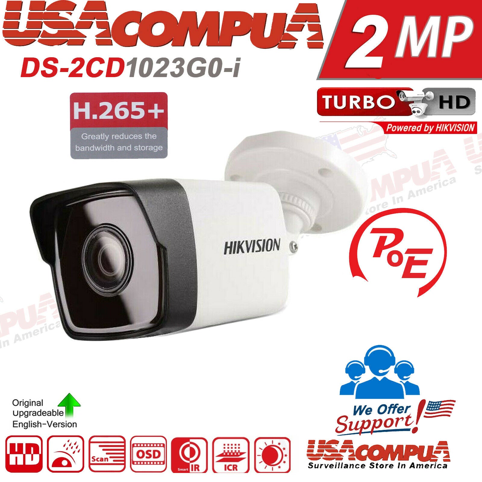 Hikvision DS-2CD1023G0-I 2MP Fixed Bullet Camera with EXIR IR & PoE