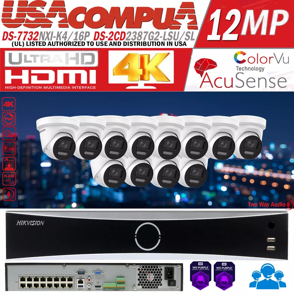 Hikvision 32CH 16POE NVR 8MP DS-2CD2387G2-LSU/SL IP Camera System ColorVu Lot D1