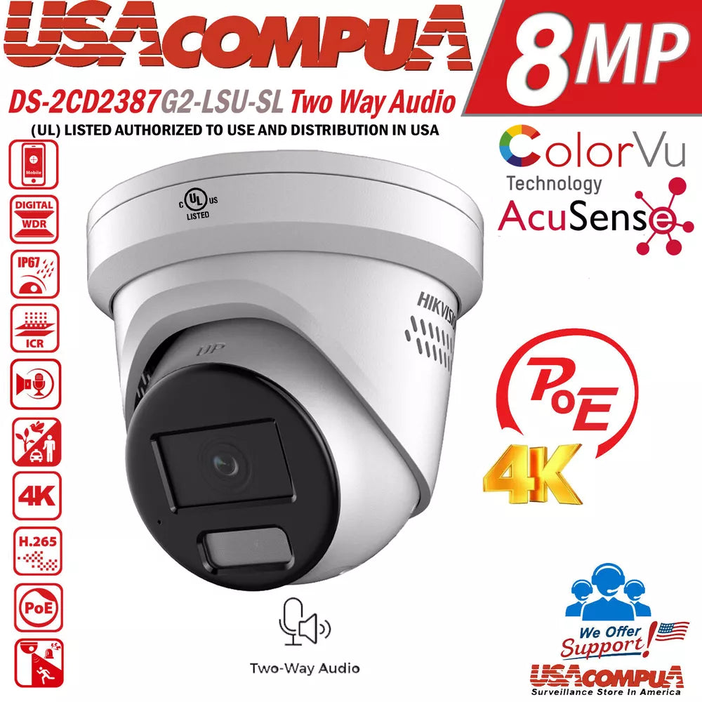 Hikvision AcuSense 8MP ColorVu Fixed Turret IP Camera Two Way Audio 16CH POE Lo