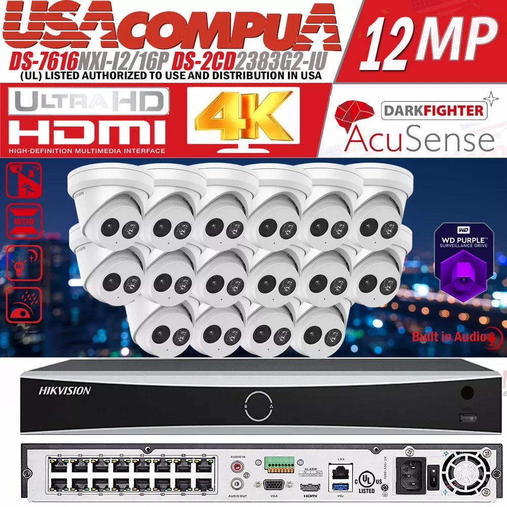 Hikvision 4K 16CH 8MP POE AcuSense Security Camera System DS-2CD2383G2-IU Lot