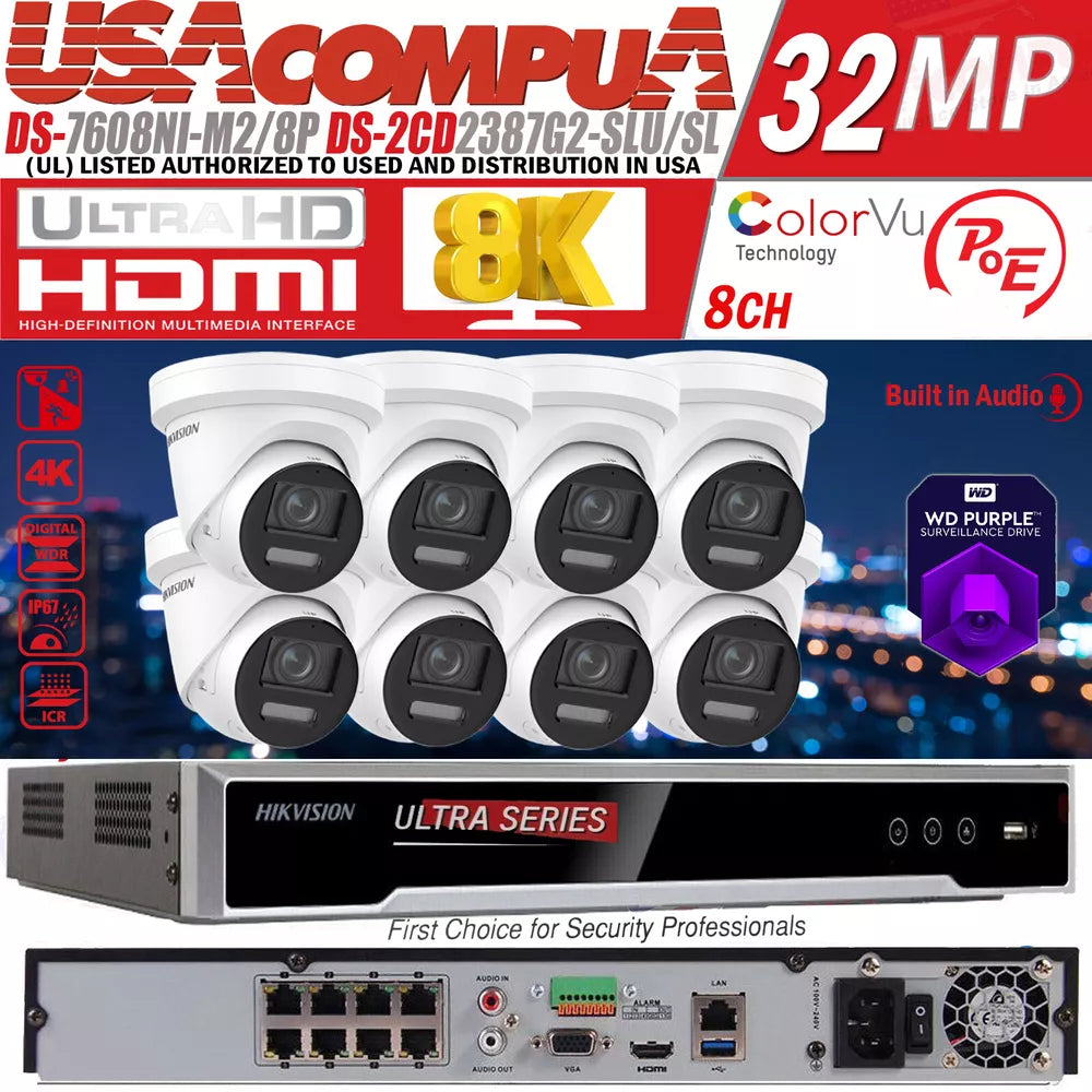 Hikvision 8 Channel 8K Ultra ColorVu Security Camera System 2-Way Audio 2.8m LoT D1