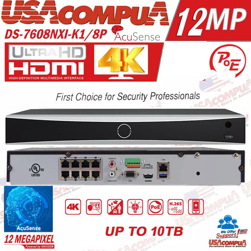 HIKVISION 4K DS-2CD1347G2-LUF 4MP IP Camera System NVR 8CH DS-7608NXI-K1/8P Lot
