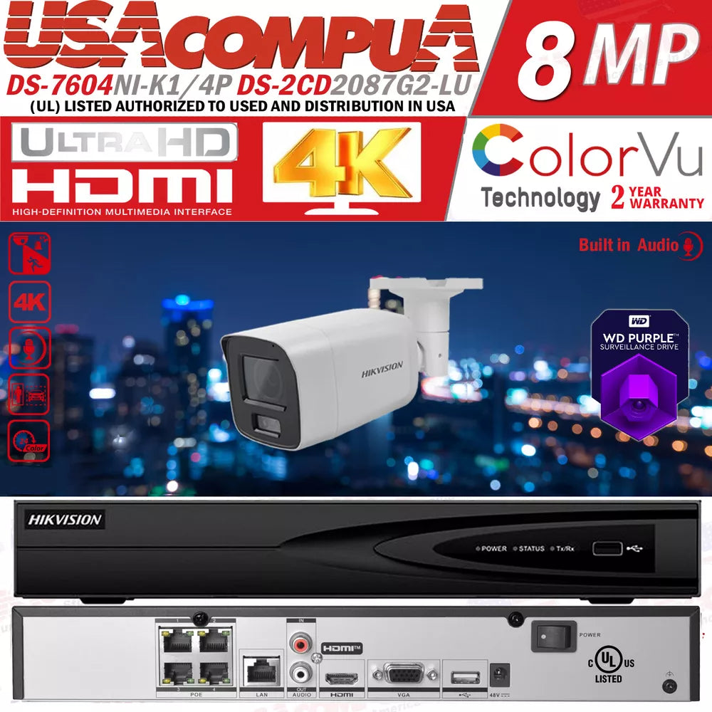 Hikvision 4CH 4PoE Mic ColorVu 8MP Security Camera System IP ACUSENSE Lo