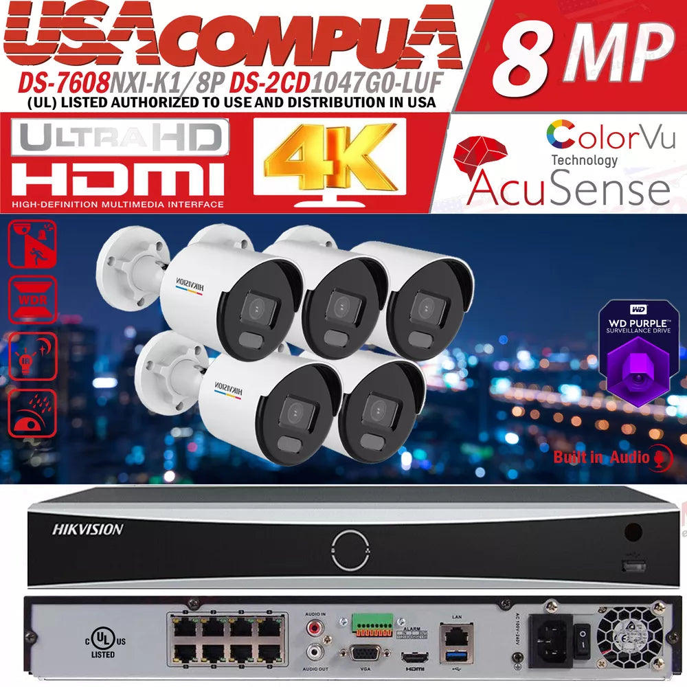 Hikvision 4K 8POE NVR 8CH IP Camera System DS-2CD1047G0-LUF 4MP ColorVu lot