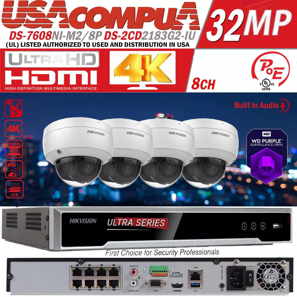 Hikvision 8CH 32MP Security ip Camera System W/ 8MP Dome DS-2CD2183G2-IU