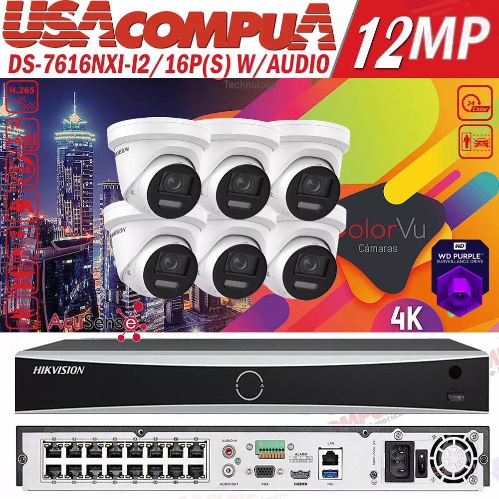 Hikvision 16 canales 4K DS-2CD2387G2-LU Sistema de cámara de seguridad ColorVu AcuSense D1