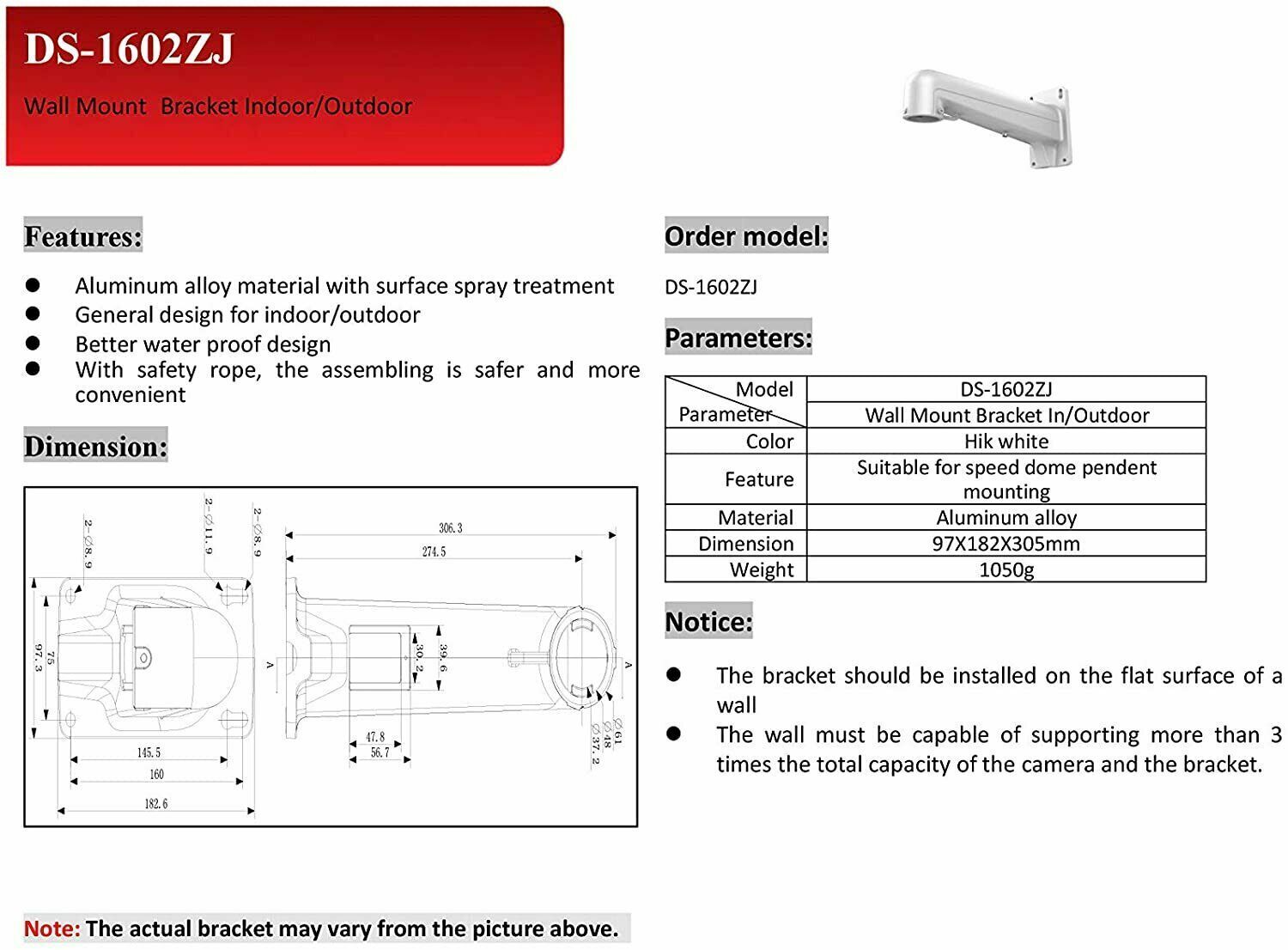 HIKVISION SOPORTE DE PARED PTZ DS-1602ZJ Aleación de Aluminio Original