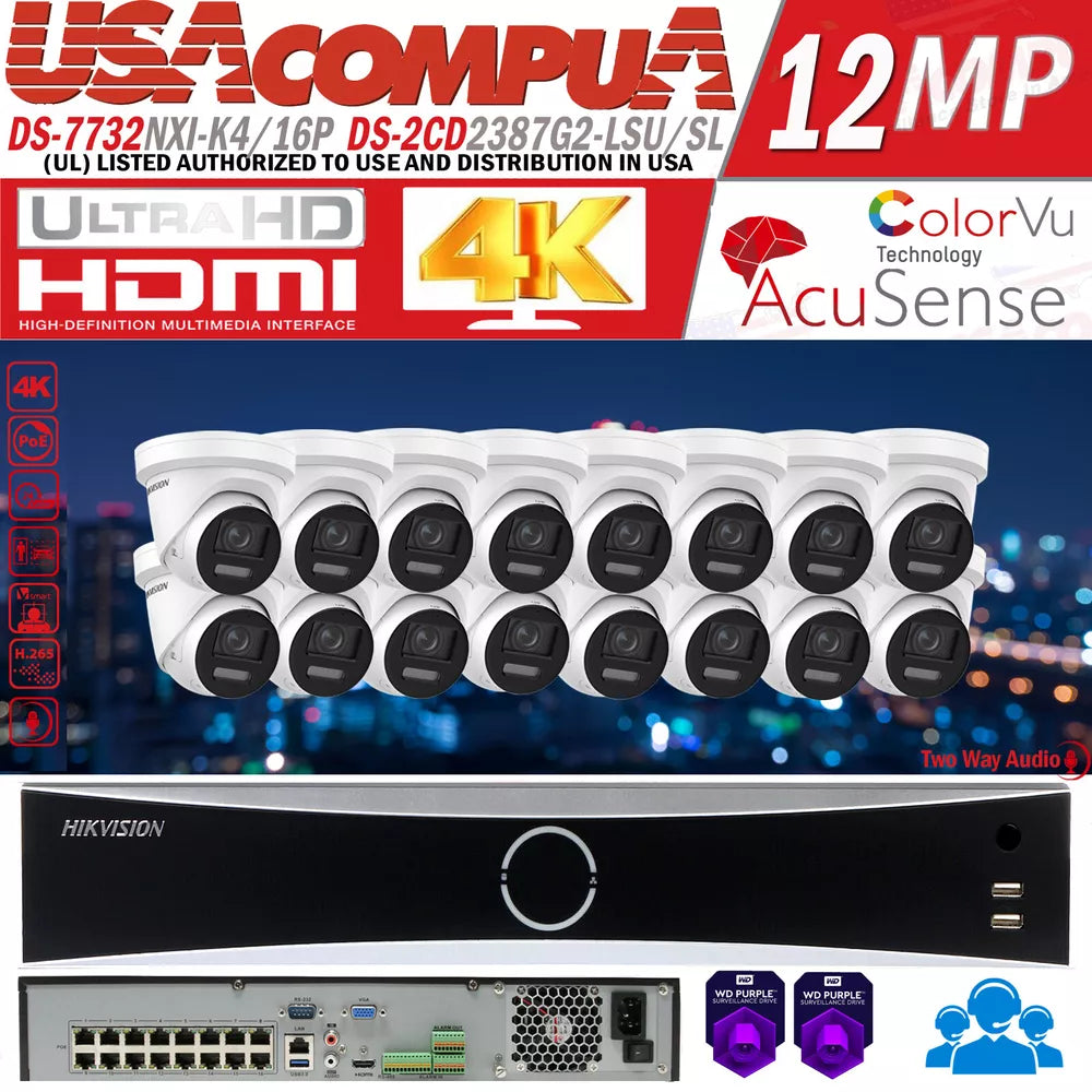 Hikvision 32CH 16POE NVR 8MP DS-2CD2387G2-LSU/SL IP Camera System ColorVu Lot D2