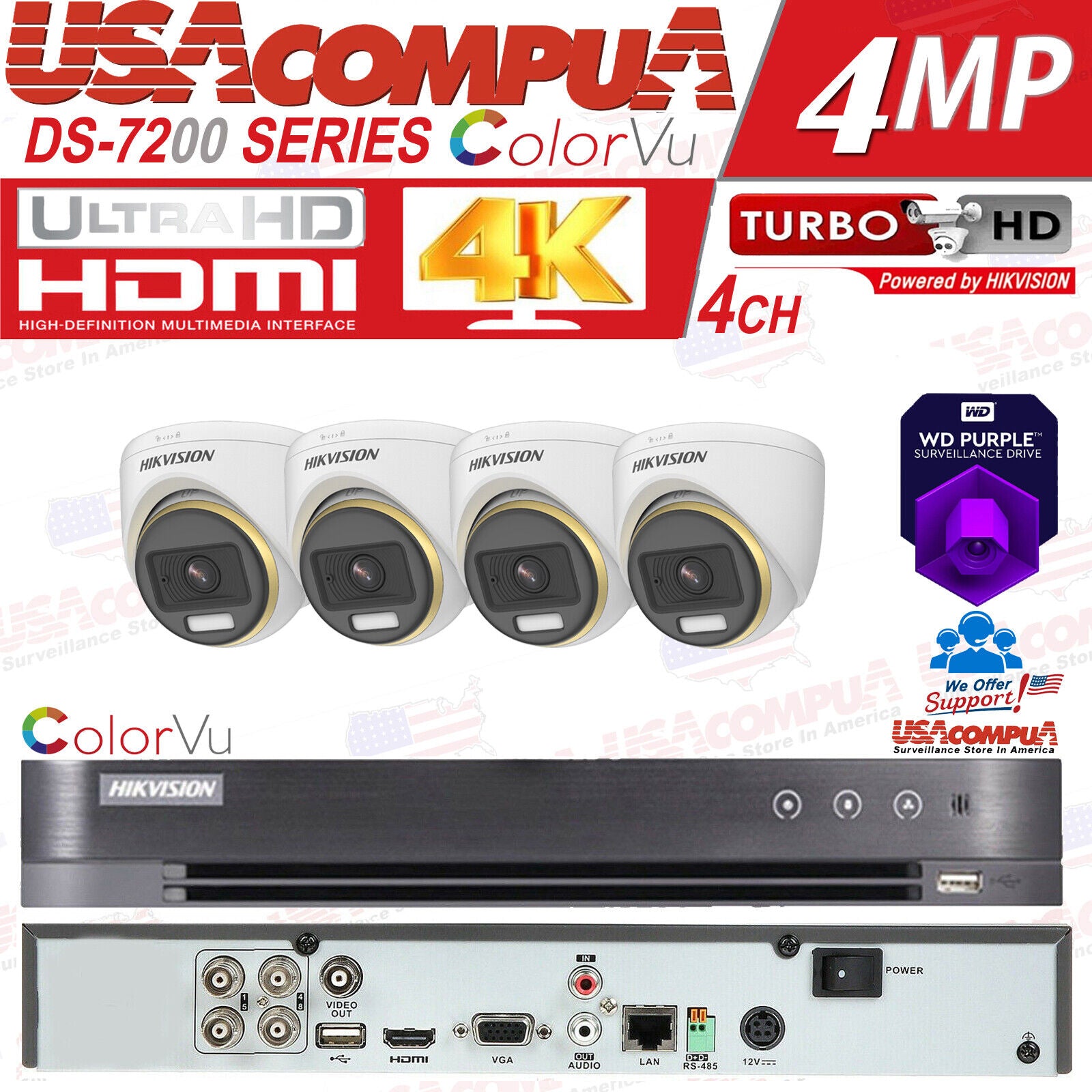 Hikvision 4K 4CH CCTV Security Camera System W/4 2MP ColorVu HD Turret
