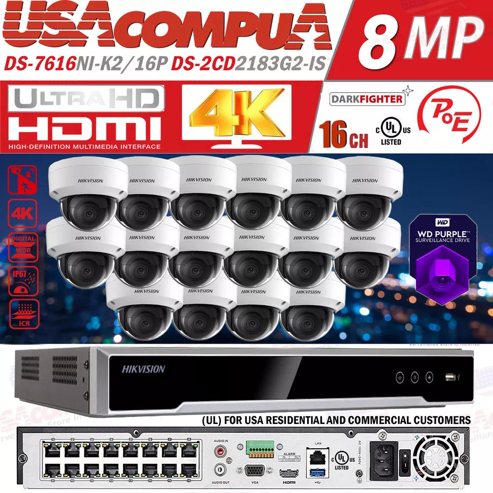 Hikvision 4K 16CH 16 PoE ip camera Systems 8MP Dome IR DS-2CD2185FWD-I LOT