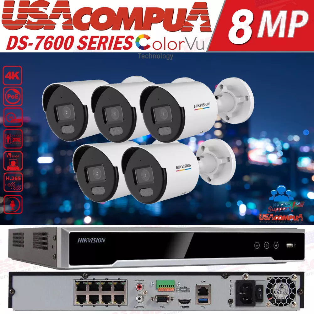 hikvision 8CH IP Camera System PoE DS-2CD1047G0-LUF 4MP ColorVu W/Audio