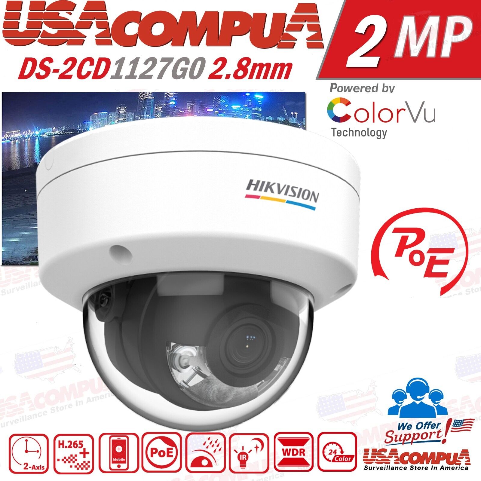 Hikvision DS-2CD1127G0-L 2MP ColorVu IP67 IK08 PoE Dome Camera Full Color 1080p