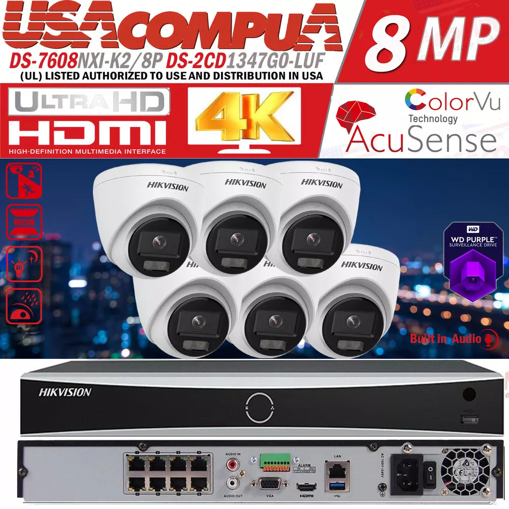 Hikvision 8CH 8POE IP Camera System 4K NVR DS-2CD1347G2-LUF 4MP 2.8m ColorVu Lo