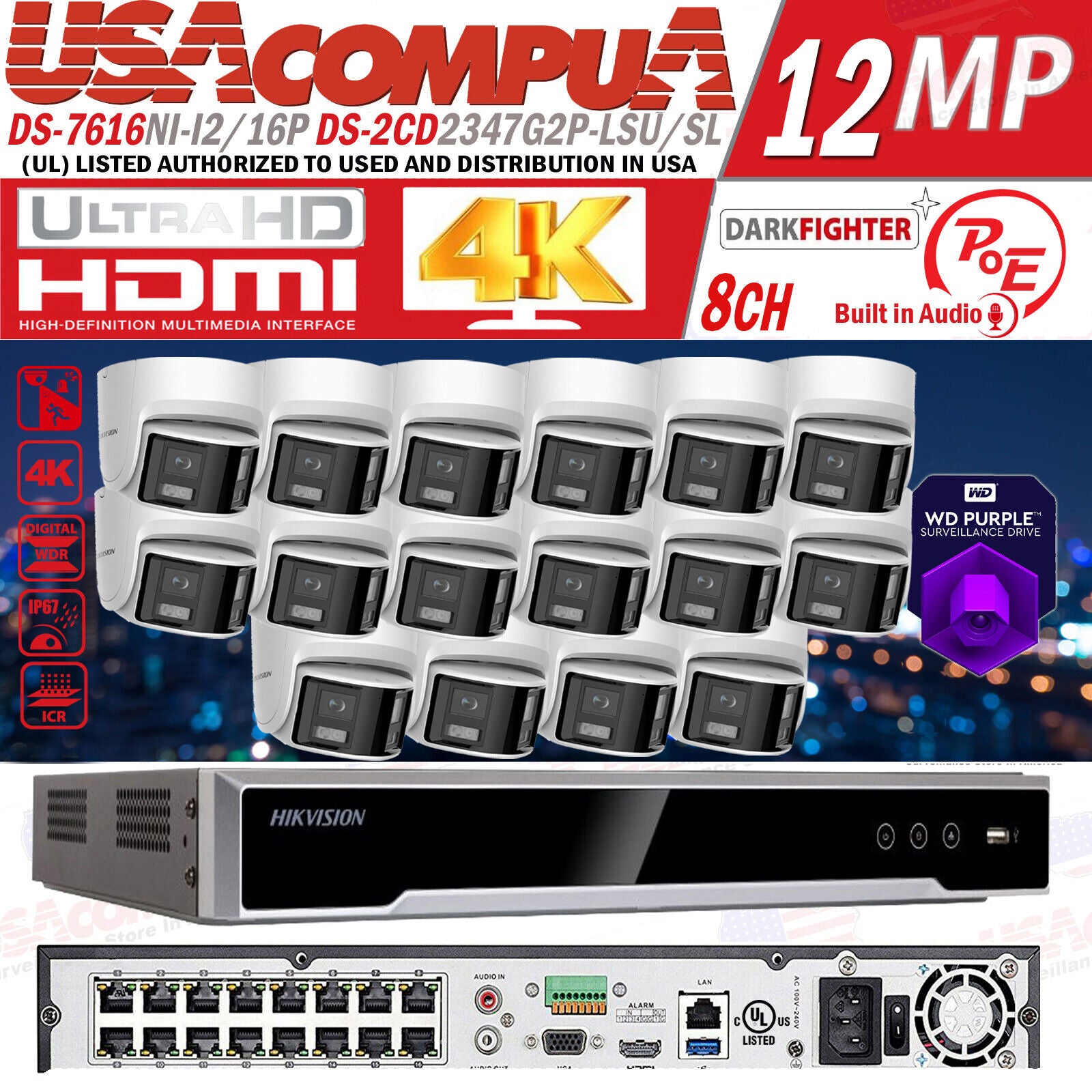 Hikvision 4K 16ch IP PoE Security System 4 MP Panoramic ColorVu Turret
