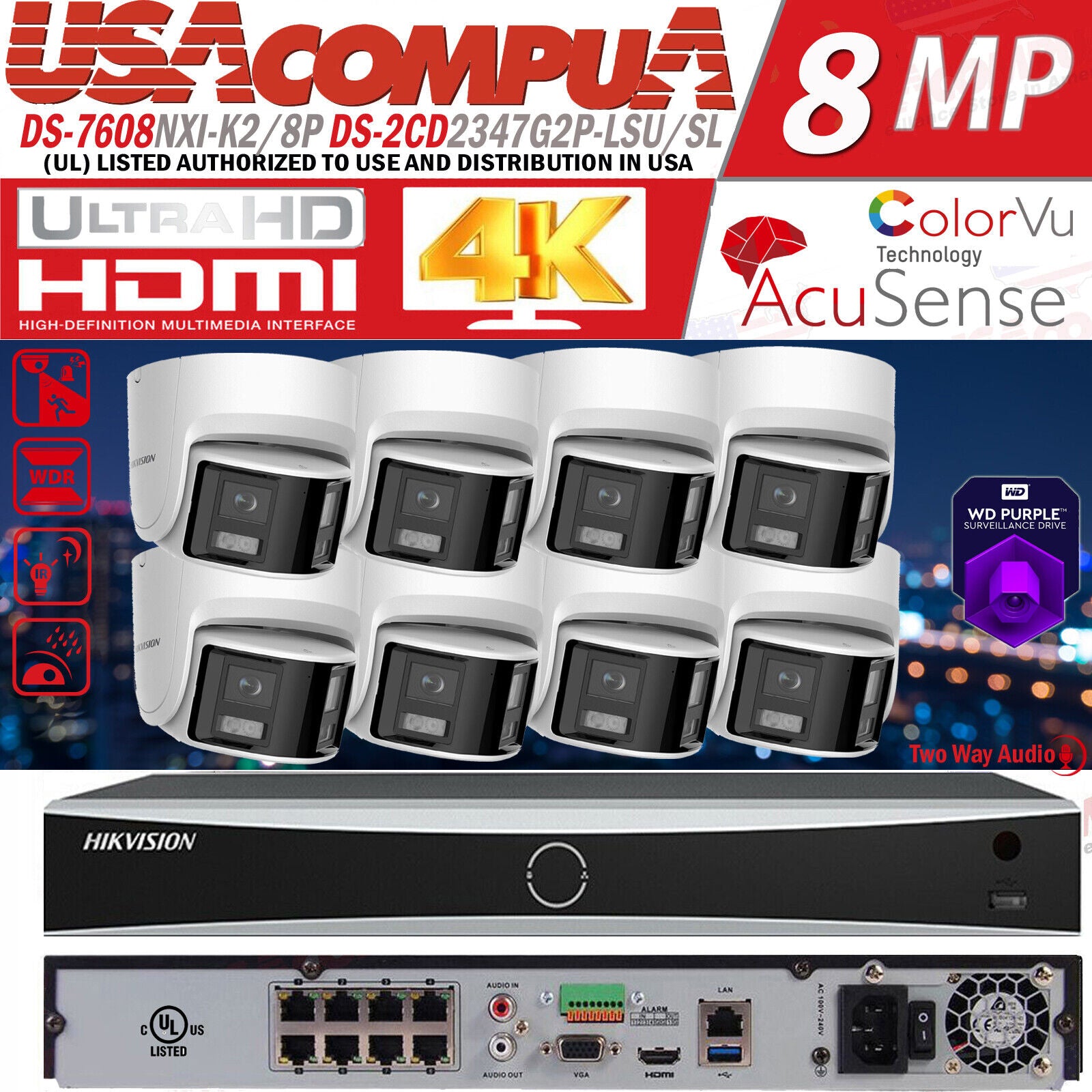 Hikvision 4K 8ch IP PoE Security System 8 MP Panoramic ColorVu Turret