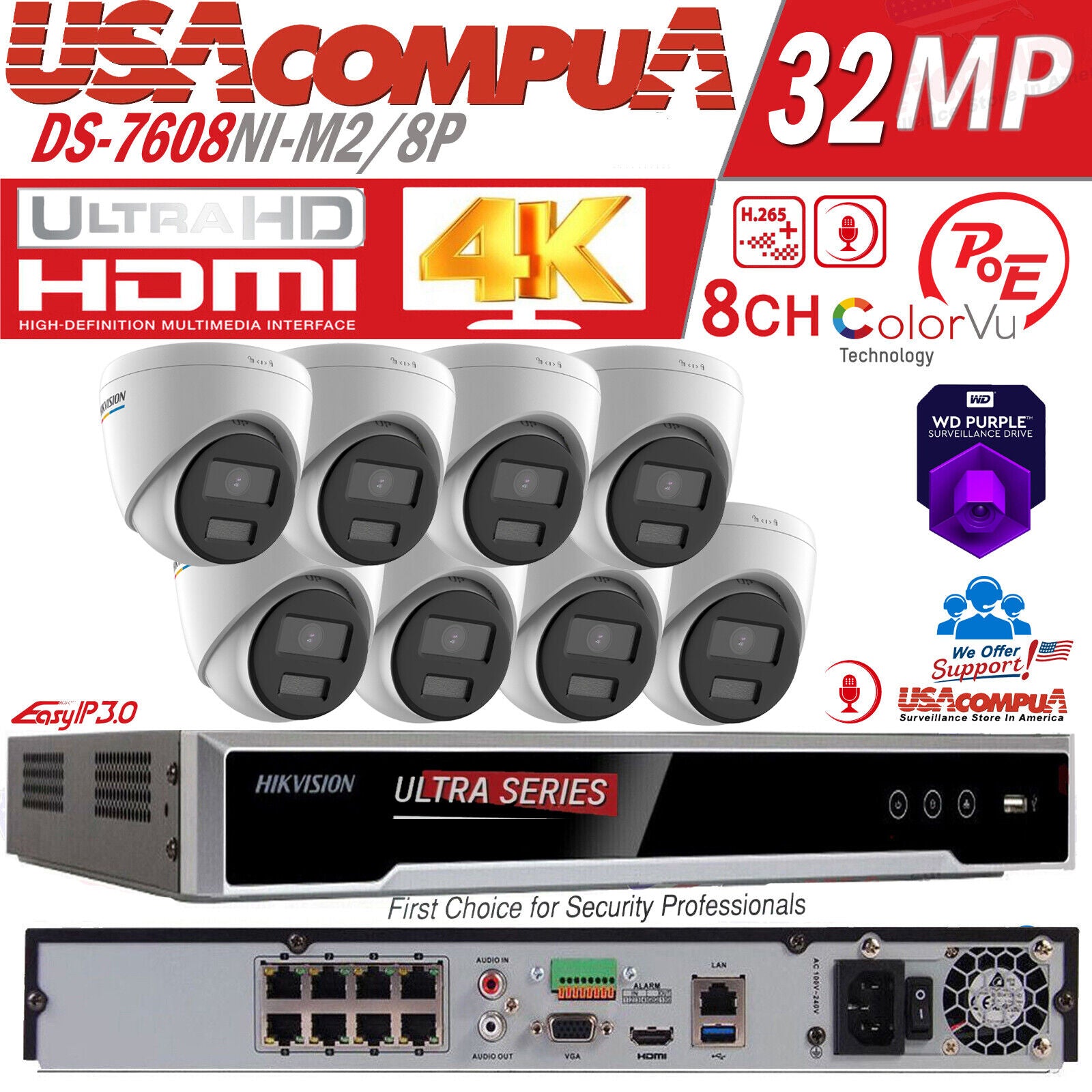 Hikvision 8K 8ch IP PoE Security System 5 MP ColorVu Turret w/ resolution