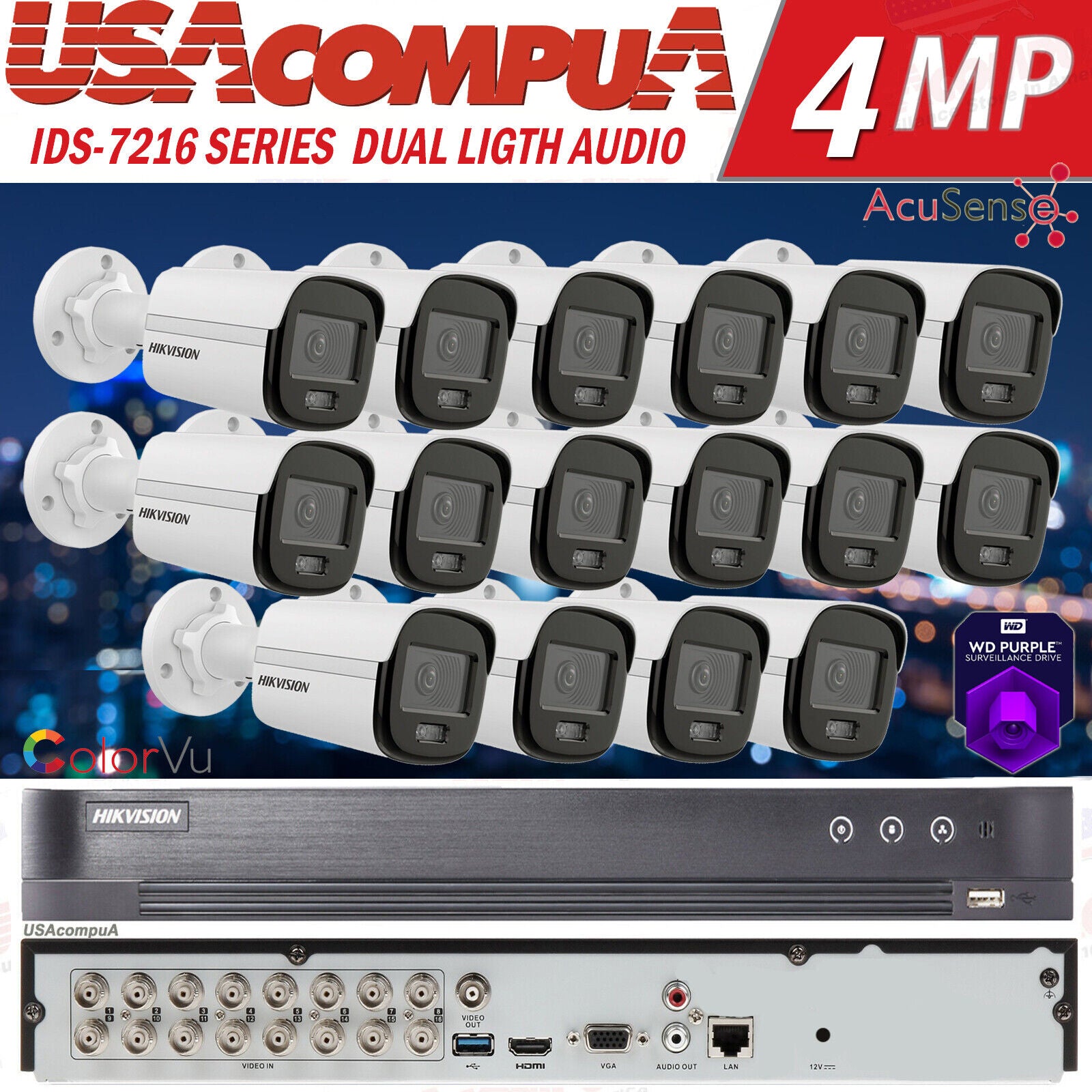 Hikvision 4K 16ch CCTV Security System 2MP Smart Hybrid Light Audio Mini Bullet